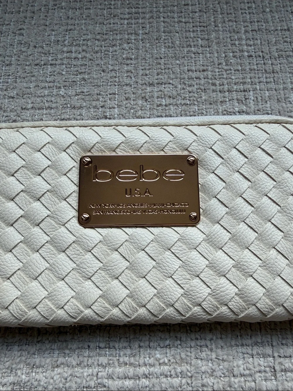 New bebe Cream Quilted Zip Wallet with Gold Plate